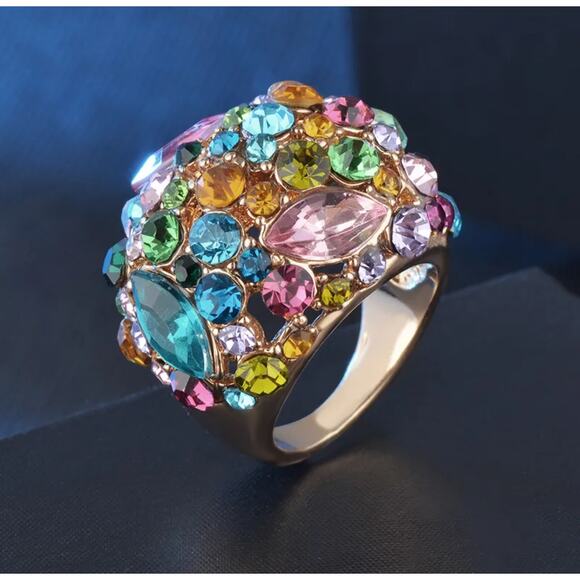 Sparkling Crystal Cocktail Ring Size 6 Statement Bright Pastels Whimsy - Picture 1 of 5